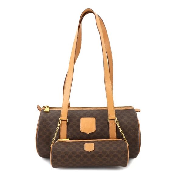 CELINE Macadam Boston Hand Bag PVC Leather Brown Vintage Purse - Picture 1 of 11